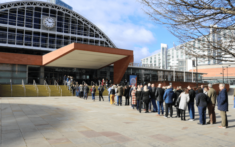Entrance of Manchester Central with queue for A Place in the Sun Live